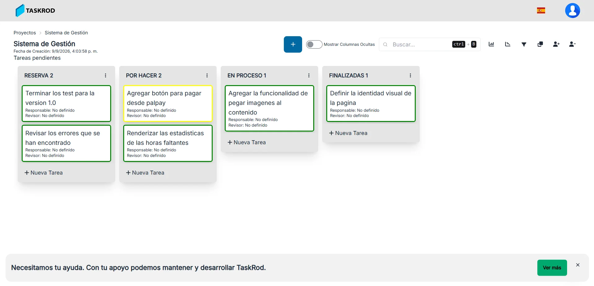 Vista de la interfaz de Taskrod